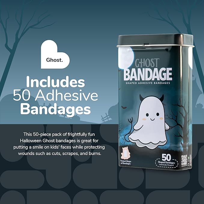 BioSwiss Bandages, Halloween Ghost Shaped Self Adhesive Bandage, Latex Free Sterile Wound Care, Fun First Aid Kit Supplies for Kids, 50 Count-CubbioJoy