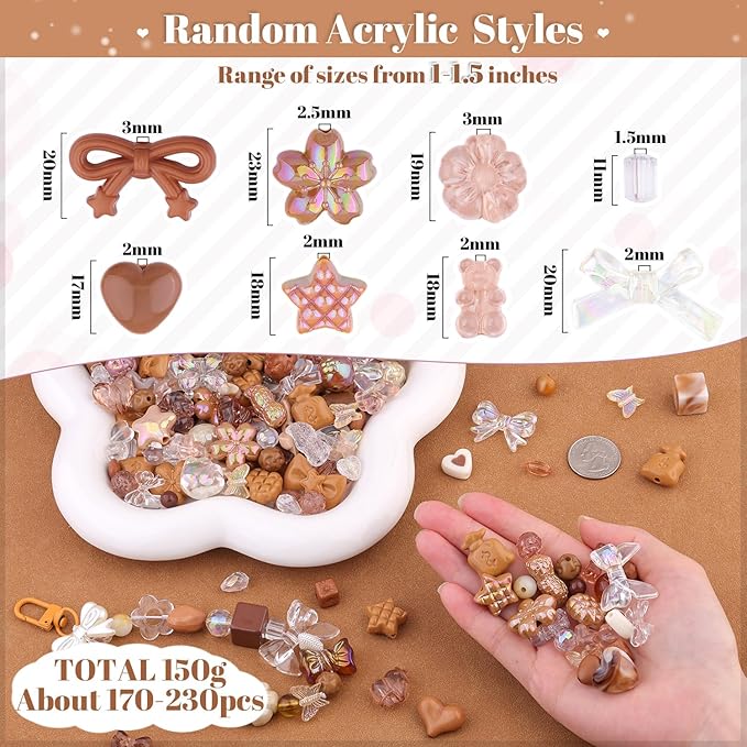 Assorted 170-230PCS Brown Acrylic Beads for Bracelet Making, Flower Bow Butterfly Candy GummyBear Aesthetic Bracelet Charms,Cute Beads for Jewelry Making DIY Necklace Keychain Phone Charm-CubbioJoy