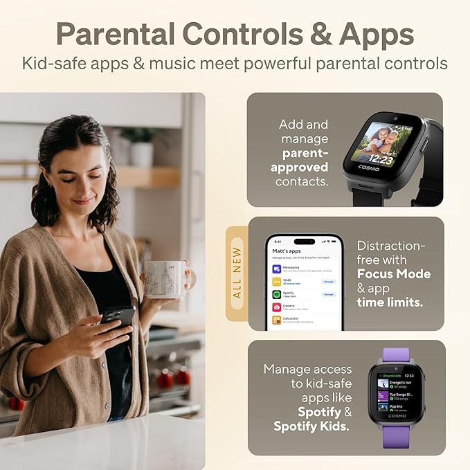 JrTrack 5 Kids Smart Watch by Cosmo | Best Kid-Safe Phone Watch | Precision Real-Time GPS Tracking | Call, Text, Activity, School Settings | Spotify Music | Parental Controls | SOS & Safety Alerts-CubbioJoy