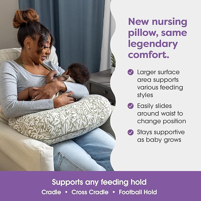 Boppy Nursing Pillow - Ergonomic Bottle & Breastfeeding Pillow, Higher, Firmer & Larger, Water-Repellent with Washable Organic Cotton Cover, Baby Safety Alliance Verified - Green Cut Out Leaves-CubbioJoy