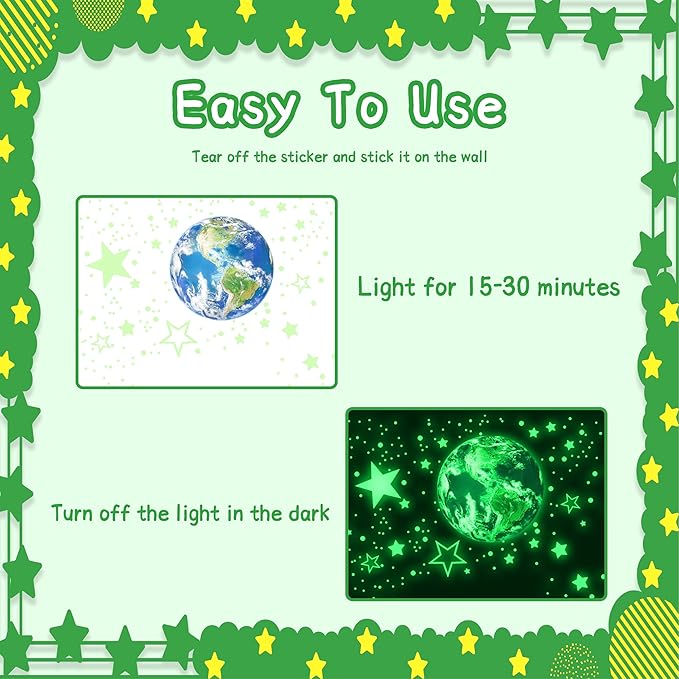965 PCS Glow in The Dark Stars and Earth for Ceiling, Luminous Stars and Planet Wall Decals, Kids Room Decor, Glowing Galaxy Wall Stickers for Nursery Decorations (Green)-CubbioJoy
