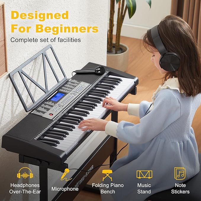 61 Key Piano Keyboard, Electric Keyboard Piano with Light-Up Keys, 255 Tones/Rhythms, Smart Learning System, Headphone, Microphone, Keyboard Stand, Stool, Stickers, Piano Keyboard Set for Beginners-CubbioJoy
