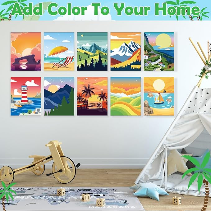 Blosssound 10 Set Pre Printed Canvas Pre Drawn Canvas Painting with Easel Kits 5" x 7" Outline Painting Panels for Beginners, DIY Craft Project, Party Favor, Home Decors(Summer)-CubbioJoy