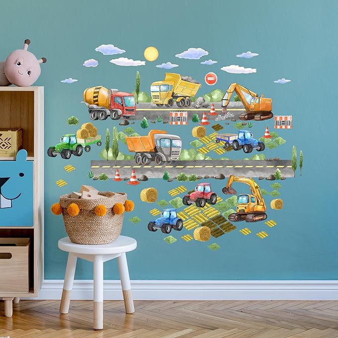 Construction Truck Wall Decals for Boys- Peel and Stick Road Vehicle Stickers for Room, Nursery, Playroom - Removable Wall Decor with Excavators, Tractors, Cars for Kids, Toddlers, Babies -S Size-CubbioJoy