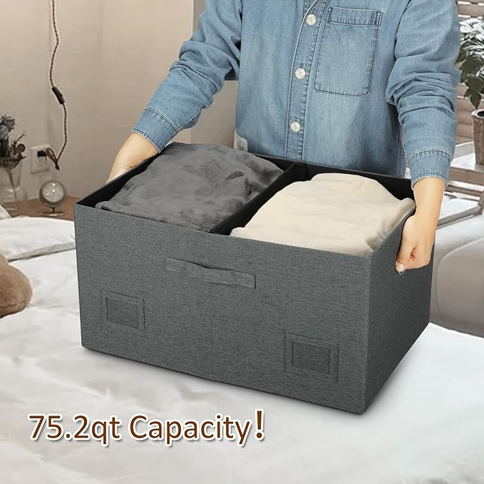 75 Quarts Extra Large Decorative Storage Bins with Lids, 3 Packs Dark Gray Collapsible Storage Bins with Lids, Stackable Storage Bins Decorative Box Storage With Lid Extra Large-CubbioJoy