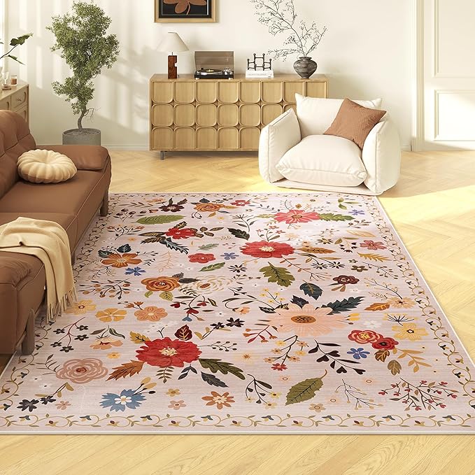 5x7 Washable Rug for Living Room, Pink Floral Area Rug, Non Slip Low Pile Soft Flower Carpet, Large Rugs for Bedroom, Dining Room, Office, Kids Playroom, Nursery, Pink/Beige-CubbioJoy