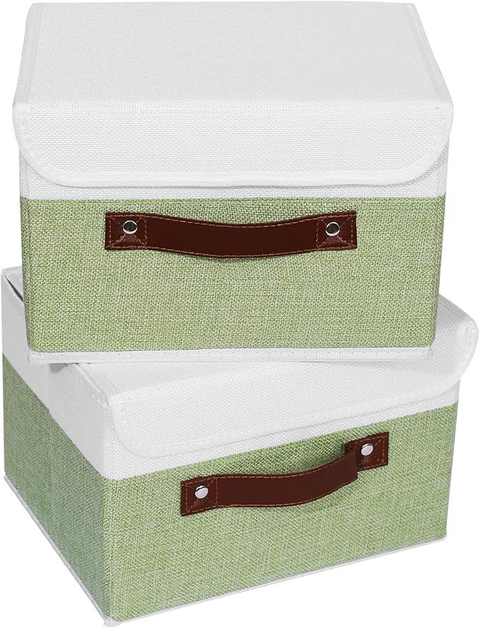 ANMINY 2PCS Storage Boxes with Lid Washable Decorative Storage Bins Basket with PU Leather Handle Foldable Linen Fabric Storage Cubes Containers for Home Closet Organizer - Green White, Small Size-CubbioJoy
