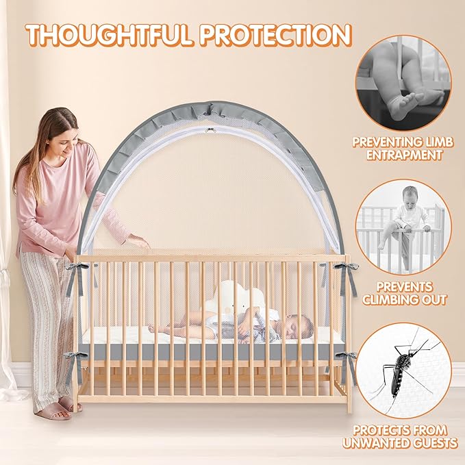Crib Tent to Keep Baby from Climbing Out - Crib Net to Keep Baby in - Pop Up Breathable Cribs Cover - Canopy with Upgrade Strong Mesh and Durable Zipper (Grey, Lager)-CubbioJoy