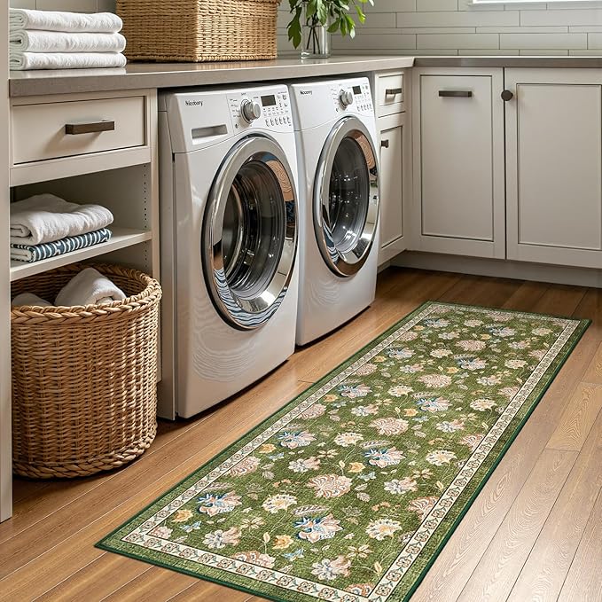 jinchan 2x5 Floral Runner Rug for Hallway Washable Kitchen Runner Vintage Romance Design Non Slip Thin Indoor Floor Cover Low-Profile Throw Carpet for Entryway Bathroom Bedroom Porch, Green-CubbioJoy