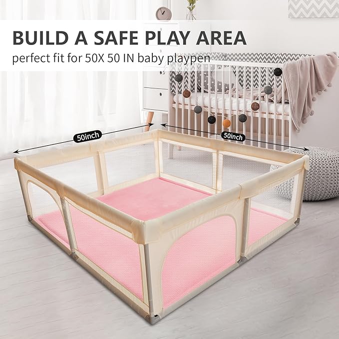 Baby Play Mat for Floor,1.3" Thick Elasti-Foam 50x50 Playpen Mat for Toddlers Infant Kids,Water-Repellent Soft Coral Velvet Tummy Time Mat,Non Slip Crawling Mat,Tatami Mat(Pink)-CubbioJoy