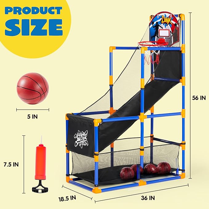 JOYIN Arcade Basketball Game Set with 4 Balls and Hoop for Kids 3 to 12 Years Old Indoor Outdoor Sport Play - Easy Set Up - Air Pump Included - Ideal for Competition-CubbioJoy