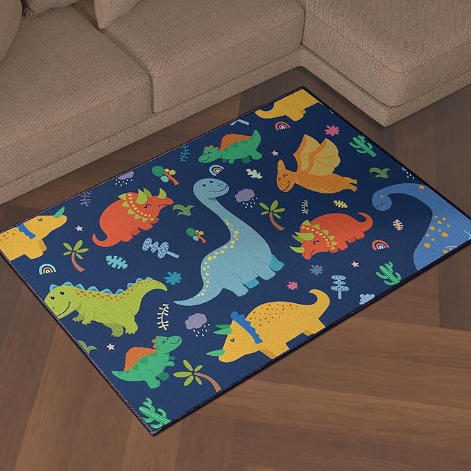 Cute Cartoon Dinosaur Rug for Boys Bedroom 59"x39" Bedroom Playroom Decor for Kids Lovely Dinosaur Animal Pattern Carpet Blue Rug Non-Slip Washable-CubbioJoy