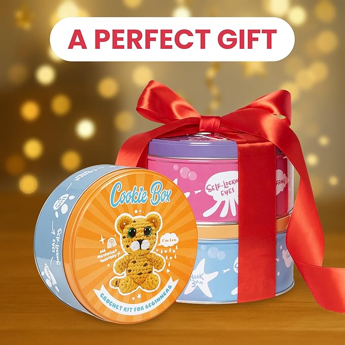 Cookie Box Crochet Kit for Beginners - Learn to Craft Amigurumi Stuffed Animals - Knitting Gift for Kids and Adults - Beginner-Friendly Yarn - Stitch-by-Stitch Video Tutorial - Leopard Leo-CubbioJoy