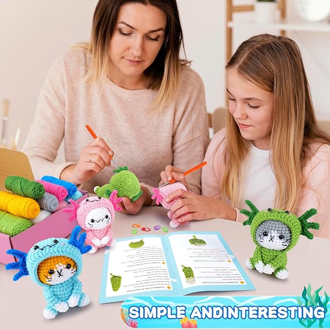 Crochet Kit for Beginners - 3 PCS Axolotl Cat Crochet Kits with Step-by-Step Video Tutorials, Beginner Crochet Kit for Adults, Crochet Cat Dressed as Axolotl Set (Blue & Green & Pink)-CubbioJoy