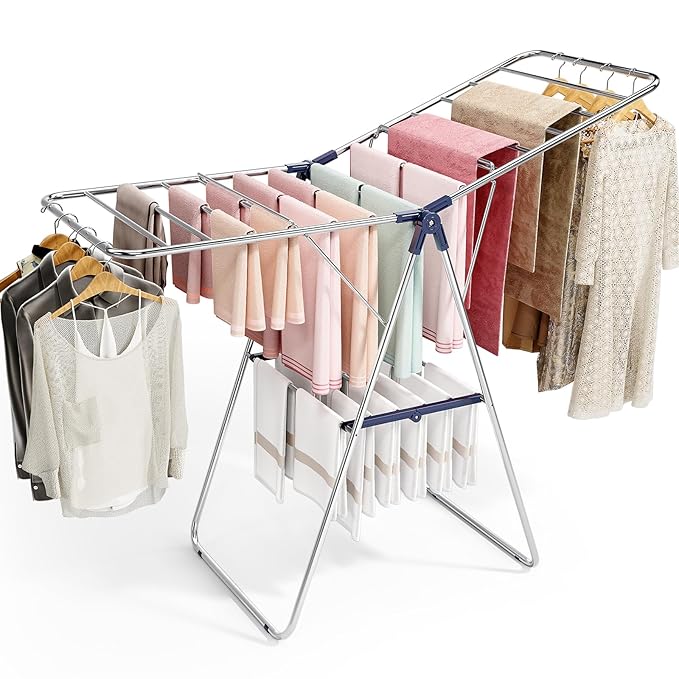 APEXCHASER Clothes Drying Rack, Stainless Steel Drying Rack Clothing with Height-Adjustable, Foldable Gullwings Laundry Drying Rack, Indoor Outdoor Use, No Assembly-CubbioJoy