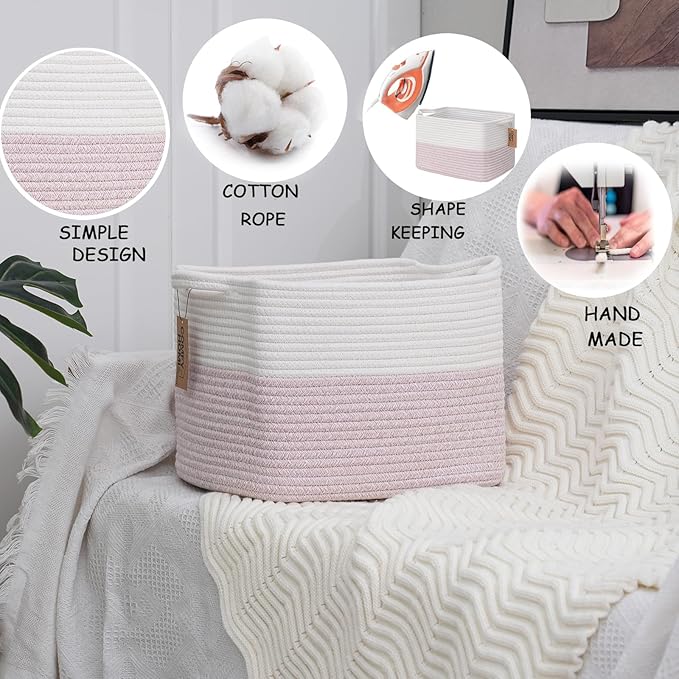 COMFY-HOMI 3PACK Cotton Rope Square baske with Handles for Shelves|Dog Toy baske Bin and Storage|Baby baske for Gift|Shoe baske for Organizing|13.5" x 11" x 9.5" for Living Room（White/Pink）-CubbioJoy