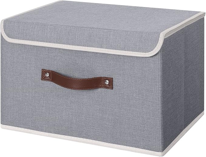 ANMINY Storage Bin with Lid Storage Boxes with PU Leather Handles PP Plastic Board Decorative Foldable Lidded Cotton Linen Fabric Home Cubes Baskets Closet Organizer Container - Gray, Large Size-CubbioJoy