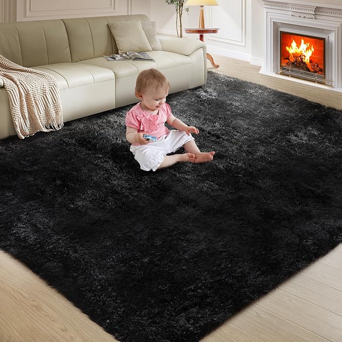 5X8 Ultra Soft Rug for Living Room, Fluffy Shag Area Rug for Bedroom, Modern Shaggy Carpets Fuzzy Rug for Teens Dorm Nursery Home Decor Aesthetic, Upgrade Anti-Skid Durable, Black-CubbioJoy