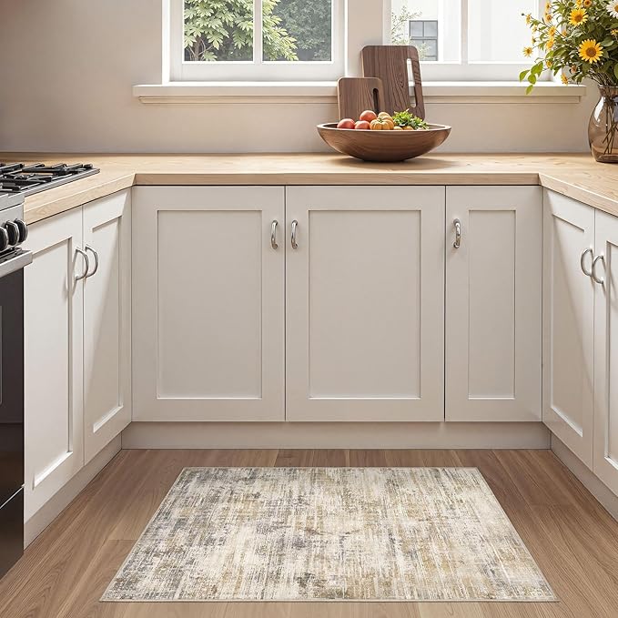 2x3 Entryway Area Rugs: Washable Neutral Abstract Small Rug Door Mat Non-Slip Soft Low Pile Indoor Carpe for Entrance Kitchen Front Door Bathroom Entry Kids Room - Golden Brown-CubbioJoy