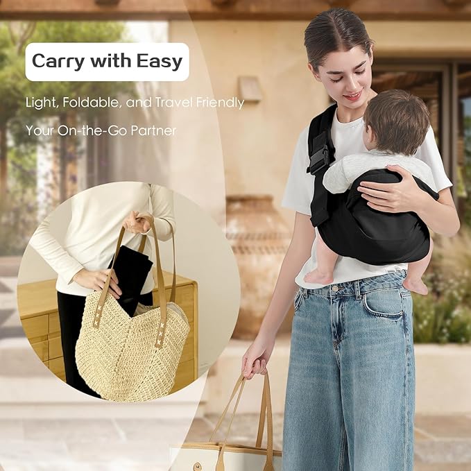 Baby Sling Carrier, Toddler Carrier Sling with Double Safety Buckle and Adjustable Shoulder Strap(7-30lbs), Baby Carriers One Size Fits All, Black-CubbioJoy