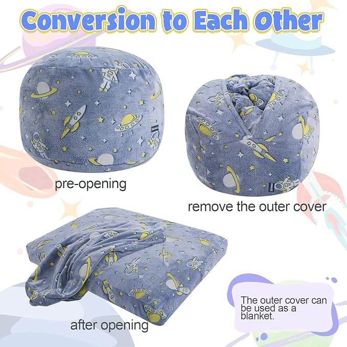 COMAX Kids Bean Bag Chair Turn into Beanbag Bed, Toddler Bean Chair for Girl Boy Sleeping, Lazy Children Bean Bags with Filler, Convertible Child Floor Mattress, Blue Universe-CubbioJoy