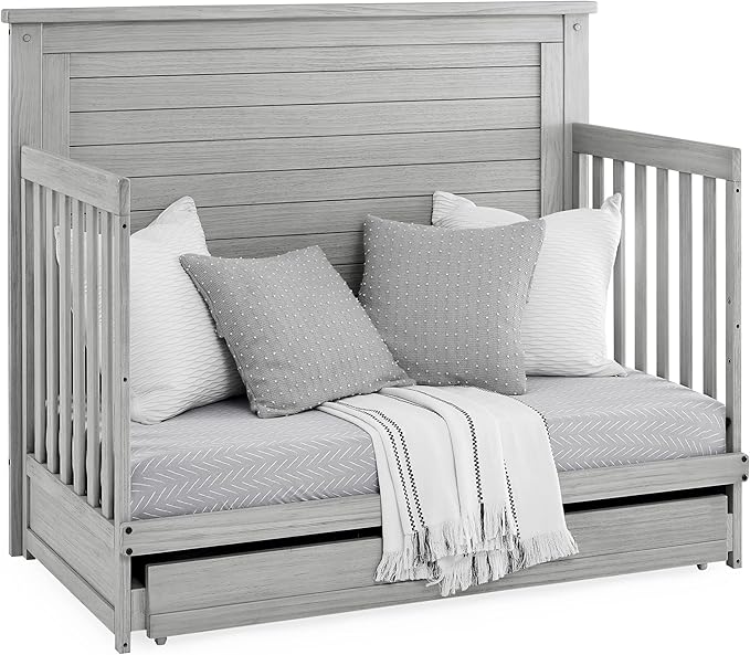 Delta Children Simmons Kids Caden 6-in-1 Convertible Crib with Trundle Drawer, Greenguard Gold Certified, Rustic Mist-CubbioJoy