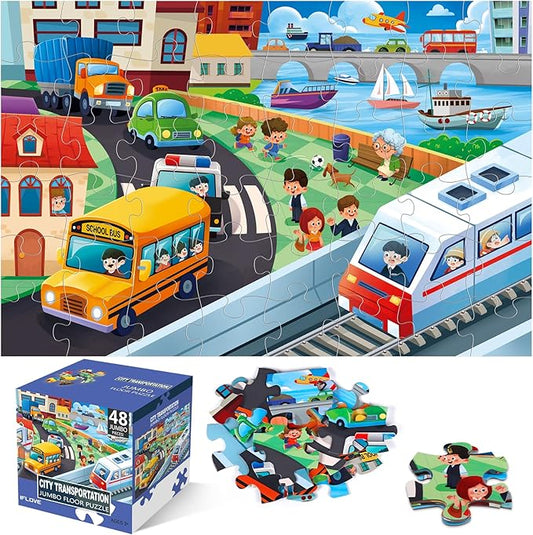 Jumbo Floor Puzzle for Kids,City Transportation Jigsaw Large Puzzles,48 Piece City Life Vehicle Puzzle for Toddler Ages 3-5,Children Learning Preschool Educational Toys,Gift for 4-8 Years Old-CubbioJoy
