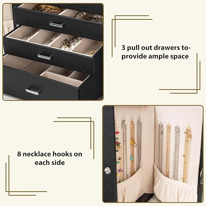 AKOZLIN 4-Tier Jewelry Box Lockable Leather Jewelry Storage Case Organizer with 3 Drawers for Women Girls Ring Necklace Earring Bracelet Watches Holder with Mirror-CubbioJoy