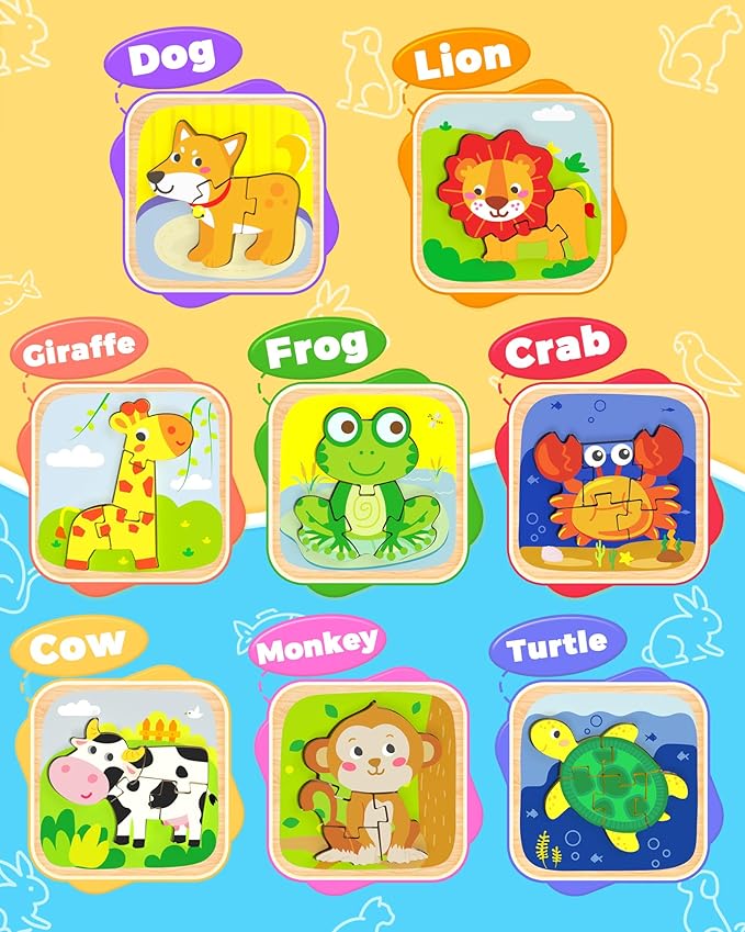 Benresive Wooden Toddler Puzzles, 8pcs Animal Montessori Toys for 1-3 Year Old Boys & Girls, Learning Educational Preschool Toys, Great Gifts for 1 2 3 Year Olds-CubbioJoy