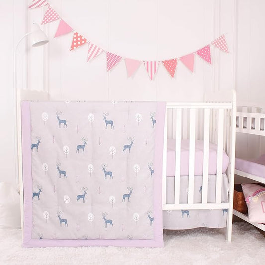 CaSaJa Baby 3-Piece Crib Bedding Set for Boys Girls, Including Soft Quilted Comforter(Blanket), Fitted Crib Sheet and Skirt, Soft Nursery Bedding Set Made of Silky Comfy Materials, Reindeer Forest-CubbioJoy
