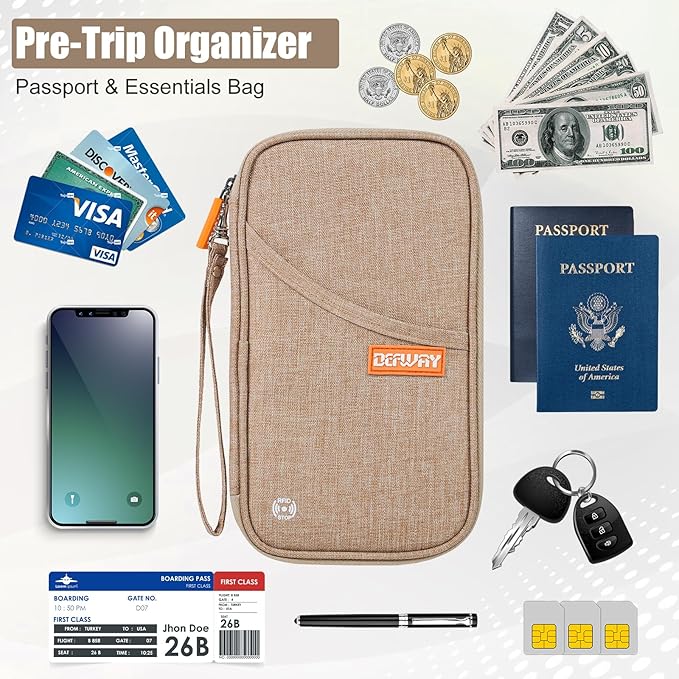 defway Passport Holder Travel Wallet - Family Passport Holder of 4, RFID Blocking Passport Wallet for Men Women, Travel Essentials for Flying (khaki)-CubbioJoy