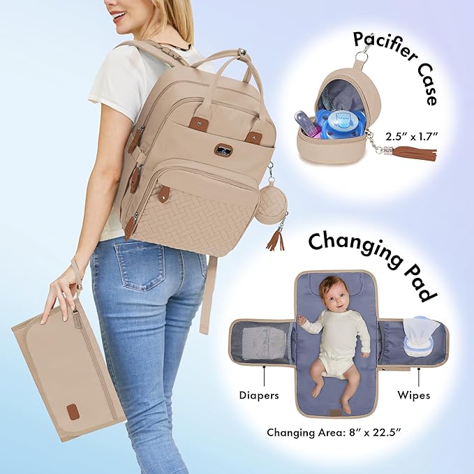 Dikaslon Diaper Bag Backpack with Portable Changing Pad, Pacifier Case and Stroller Straps, Large Unisex Baby Bags for Boys Girls, Multipurpose Travel Back Pack for Moms Dads, Milk Tea Khaki-CubbioJoy