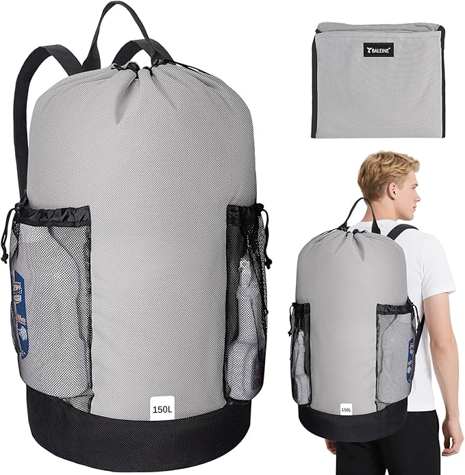 BALEINE 150L Laundry Bag Backpack, 900D Oxford Fabric Large Travel Laundry Bags with Shoulder Straps and 2 Mesh Pockets for College Dorm, Apartment, Laundromat (Grey, 150L)-CubbioJoy