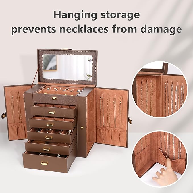 Kendal Extra Large Jewelry Box Jewelry Case PU Leather 6 Tier 5 Drawers Large Storage Capacity with Mirror Jewelry Storage Organizer Great Gift Also Good For Watches LJC-SHD5BN (Brown)-CubbioJoy