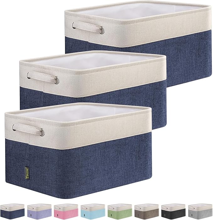 BALEINE 3 Pack Fabric Storage Bins for Shelves, Linen Storage Baskets for Organizing, Decorative Closet Bins for Clothes, Home (Navy Blue, 15"x11"x9.5")-CubbioJoy