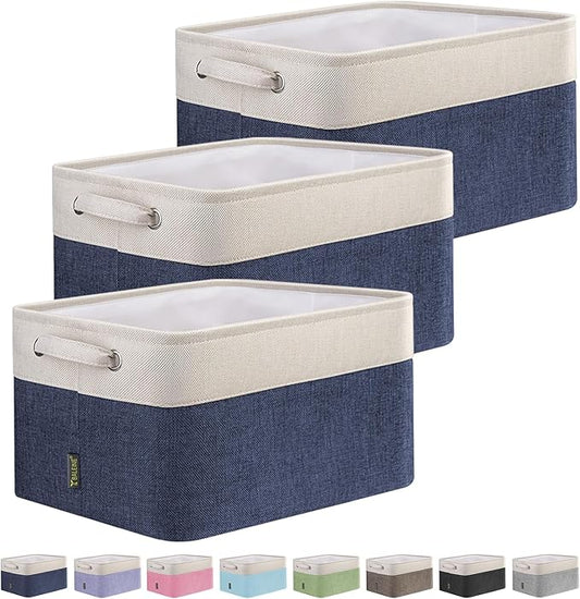 BALEINE 3 Pack Fabric Storage Bins for Shelves, Linen Storage Baskets for Organizing, Decorative Closet Bins for Clothes, Home (Navy Blue, 15"x11"x9.5")-CubbioJoy