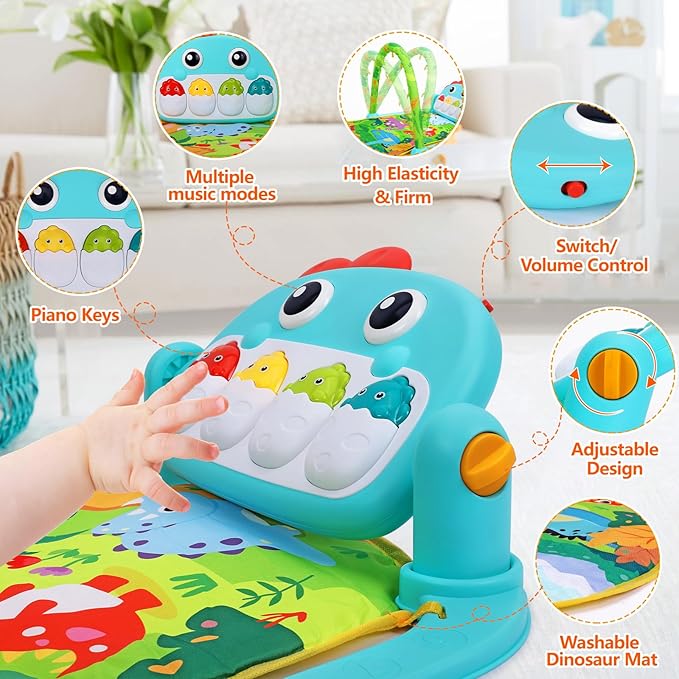 Baby Play Mat Baby Toys Tummy Time Mat Toys Musical Activity Center for Infant Toy with High-Contrast Piano Music & Light Newborn Babies Gifts for Boy Girl Babies Toy 0-6 6-12 Months Dinosaur Style-CubbioJoy