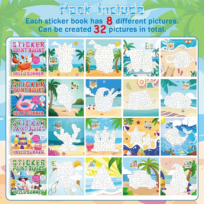4Pcs Summer Paint by Sticker Books for Kids Ages 4-8 Hello Summer Sticker by Number Books Activity Book for Kids Age 3-5 Puzzle Book Craft Art Toddler Gift with Crab Flamingo Sand Castle 32 Pictures-CubbioJoy