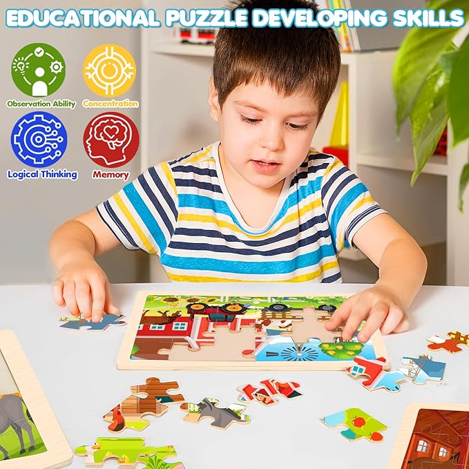 4-in-1 Farm Wooden Puzzles for Kids Ages 4-6, 24 PCS Wooden Jigsaw Puzzles for Toddlers Ages 2-4, Preschool Educational Puzzles Boards Toys Gifts for 3 4 5 6 Boys Girls-CubbioJoy