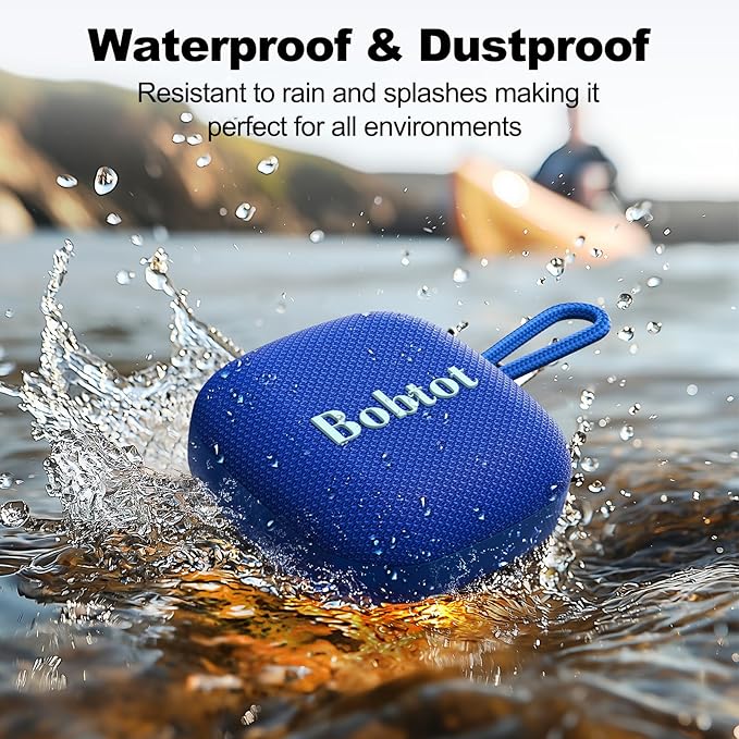 Bobtot Portable Wireless Bluetooth Speakers - IPX7 Waterproof Small Shower Speaker with 16 Hours Playtime, Loud Stereo Sound, Built-in Mic, TWS, Mini Size with Carry Lanyard for Outdoor, Blue-CubbioJoy
