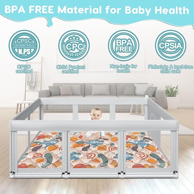 74" ×50" Large Baby Playpen, Baby Playard for Babies and Toddlers, Play Pens for Indoor & Outdoor, Sturdy Safety Play Yard with Soft Breathable Mesh, Anti-Fall, Grey (with MAT)-CubbioJoy