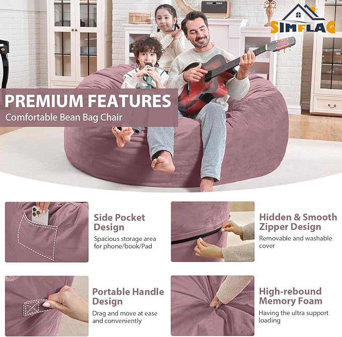 4FT Bean Bag Chair, Large Bean Bag Chairs with Memory Foam Filled, Fluffy Beanbag Sofa with Dutch Velvet Cover, Round BeanBag Chairs for Living Room, Playroom - Dusty Pink-CubbioJoy