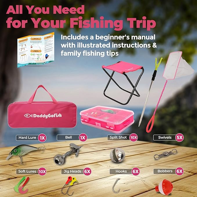 DaddyGoFish Kids Fishing Pole - Rod Reel Combo Tackle Box Starter Set - First Year Small Dock Gear Kit for Boys Girls Toddler Youth Age Beginner Little Children Junior Anglers Older Kids-CubbioJoy