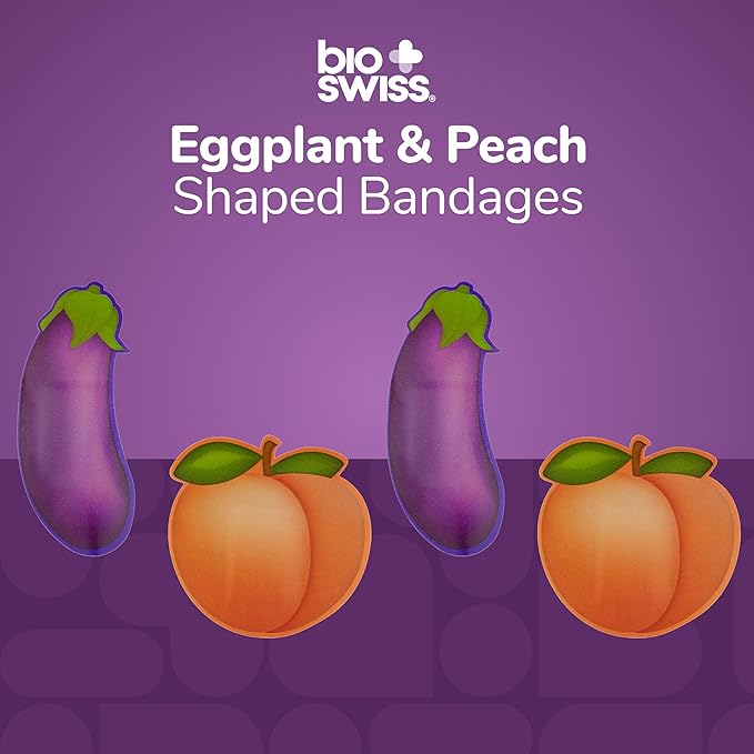 BioSwiss Bandages, Eggplant and Peach Shaped Adult Self Adhesive Bandage, Latex Free Sterile Wound Care, Funny First Aid Kit Supplies for Adults, 24 Count-CubbioJoy