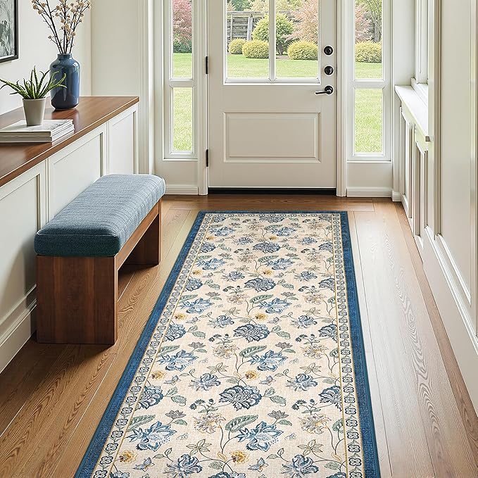 jinchan 3x8 Floral Runner Rug for Hallway Washable Kitchen Runner Vintage Romance Design Non Slip Thin Indoor Floor Cover Low-Profile Throw Carpet for Entryway Bathroom Bedroom Porch, Blue/Beige-CubbioJoy