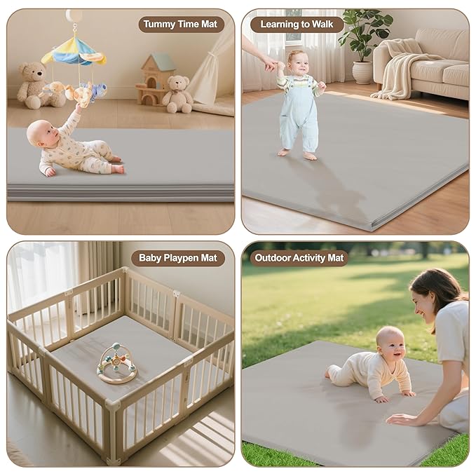 Baby Play Mat 47x47 Inches, Extra Thick 1.2" Foam Floor Mat for Tummy Time & Crawling, Waterproof Non-Slip Faux Leather Playpen Mat for Infants Toddlers, Indoor Outdoor Gym Activity, Gray-CubbioJoy