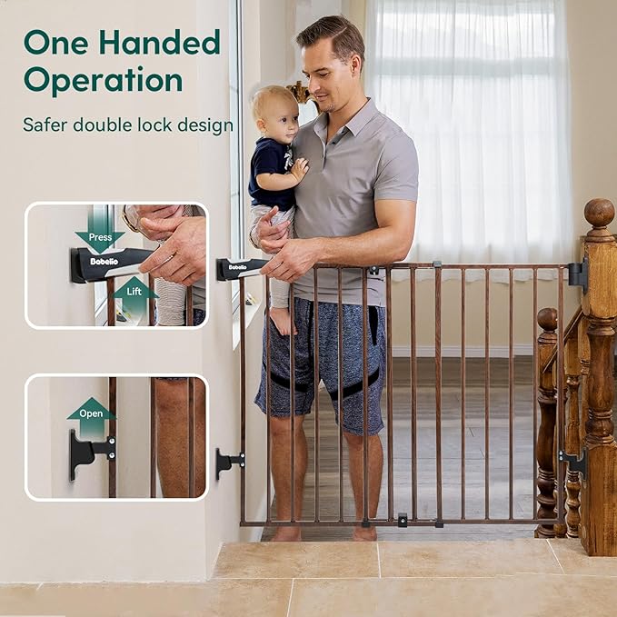 Babelio 26-43" No Bottom Bar Baby Gate for Babies, Elders and Pets, 2-in-1 Hardware Mount Dog Gate for The House, Stairs and Doorways, with Large Walk Thru Door, Black Wood Pattern-CubbioJoy