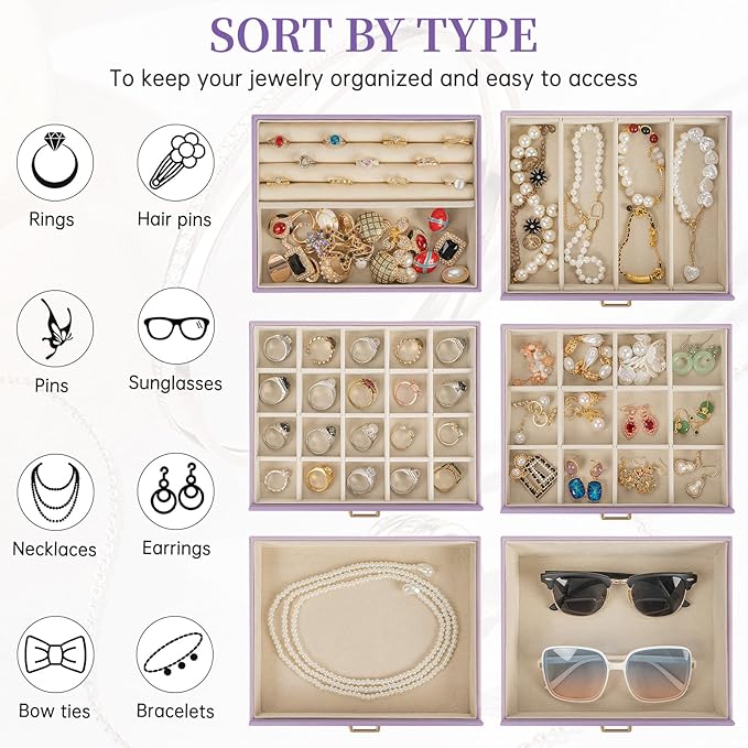 AKOZLIN Extra Large 6-Tier Jewelry Box Organizer Functional Huge, 5 Drawers Leather Jewelry Storage Case for Women Girls Ring Necklace Earring Bracelet Holder Organizer with Mirror Violet-CubbioJoy