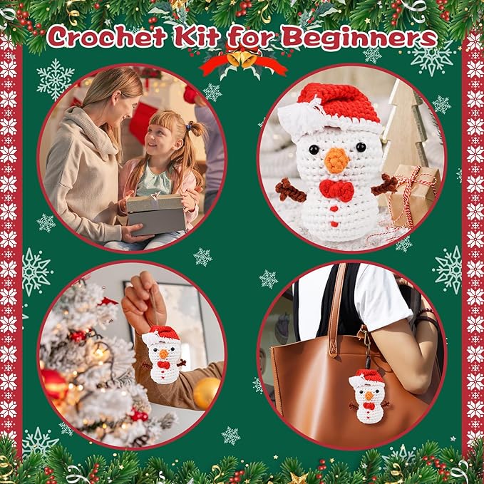 Christmas Snowman Crochet Kit for Beginners, Crochet Starter Kit for Kids Adults, Learn to Crochet w/Step-by-Step Video Tutorials, Pre-Started Yarn, Hook, DIY Amigurumi Craft Gifts for Christmas Décor-CubbioJoy