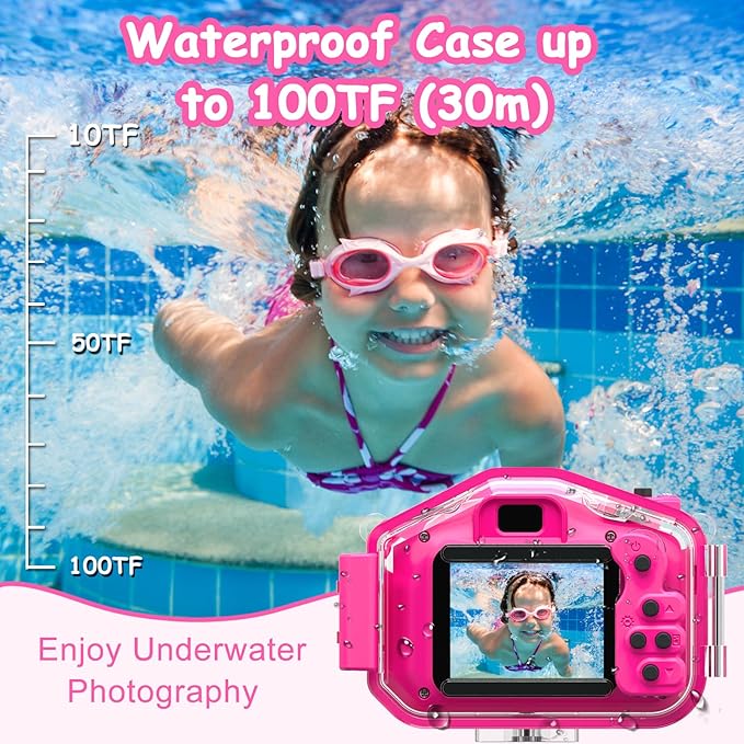 Agoigo Kids Waterproof Camera - Children Underwater HD Video Digital Camcorder, Portable Travel Toy for Toddler - Ideal Christmas Birthday Gifts for Boys Girls Age 3-12 with 32GB Card (Rose Red)-CubbioJoy
